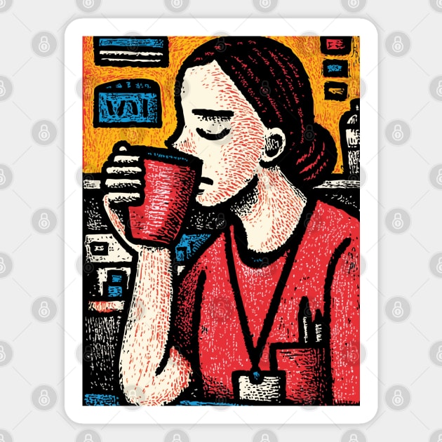Morning Coffee Mood | Vintage Art of Nurse Drinking Magnet by TuncGK